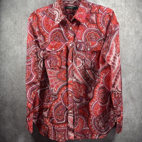 Lauren Ralph Lauren Shirt Womens Large Red Paisley Western Snap Long Sleeve Silk - Picture 1 of 9